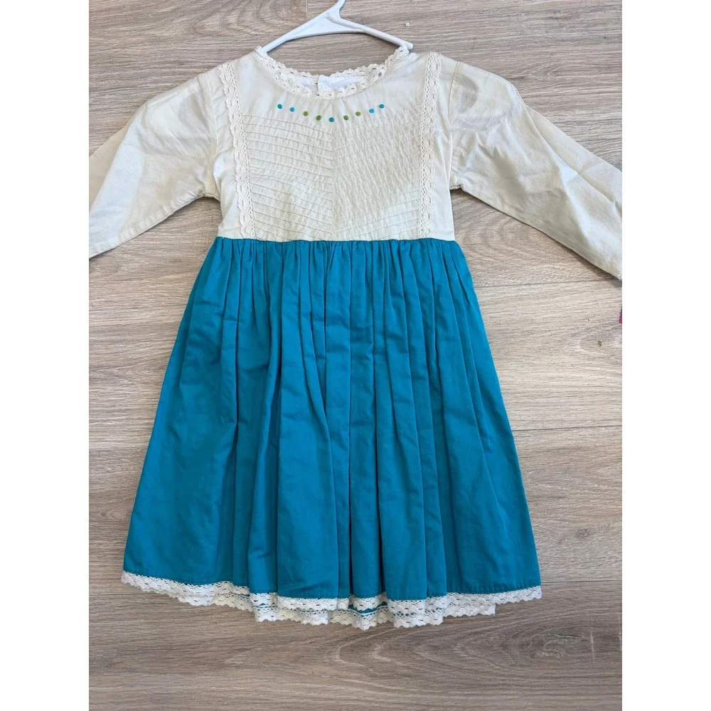 Well Dressed Wolf Girls Teal Cream Lace Pintuck Cotton Dress Size 5 Long Sleeve